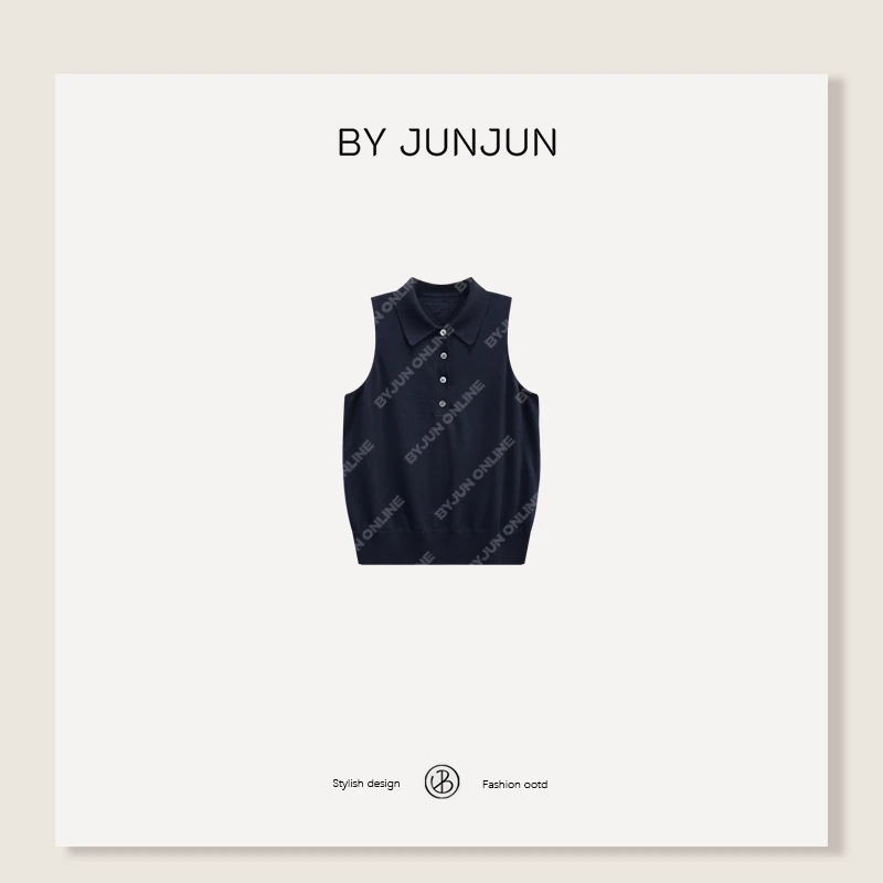 Byjunjun polo领无袖羊绒针织背心C25B8368