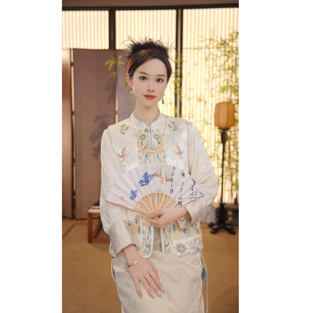 CJ【如梦令】2025新中式春复古改良旗袍白色玉石扣马甲YY2503081