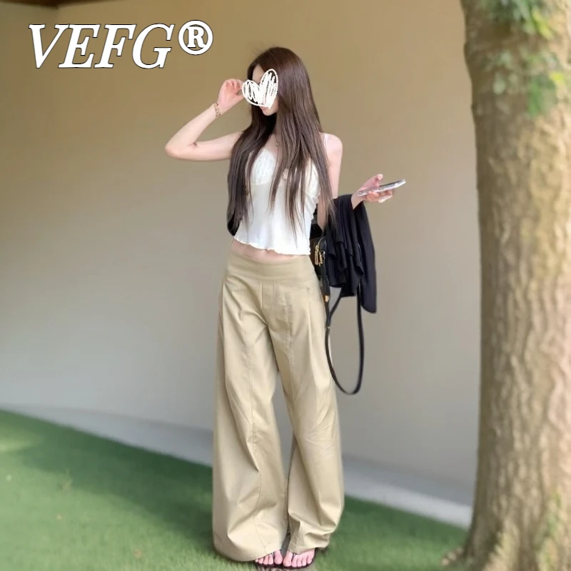 VEFG秋季2025新款女士卡其色慵懒风高腰休闲阔腿裤小个子宽松裤子