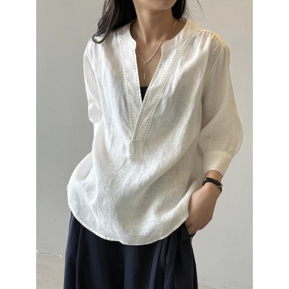 时尚复古老钱风纯色V领五分袖衬衫女夏季款洋气休闲百搭套头上衣