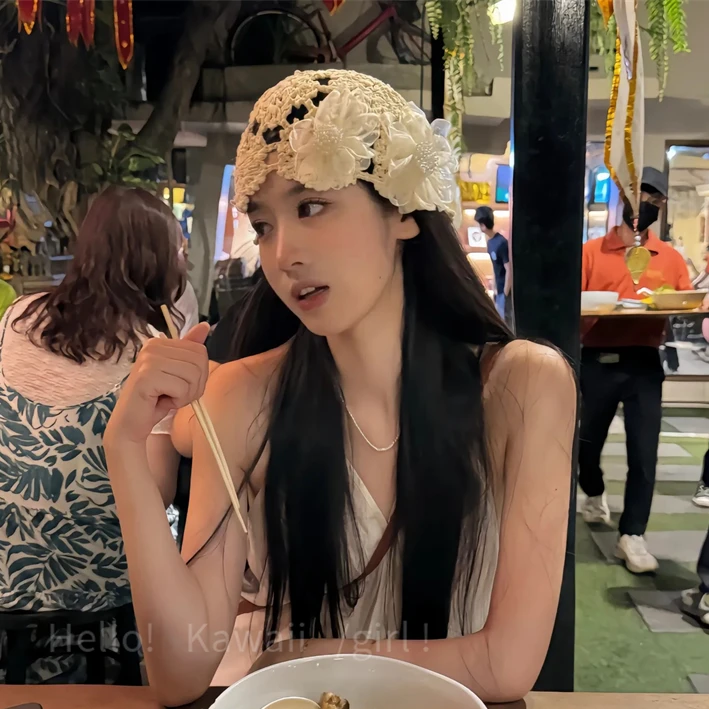 2024秋冬新款珍珠花朵套头帽女手工钩针编织镂空百搭包头堆堆帽子