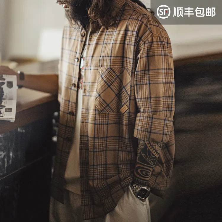马登工装美式复古格子衬衫薄款长袖纯棉外套式棕色格纹衬衣男夏秋
