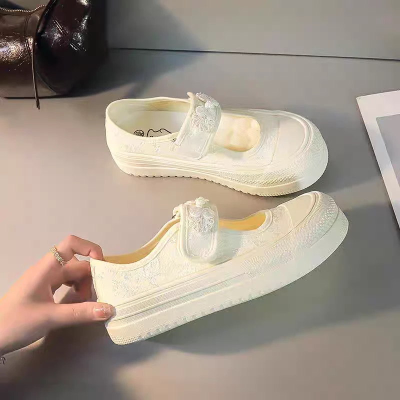 6713米色新中式国风帆布鞋女2025新款夏季刺绣浅口玛丽珍小白鞋