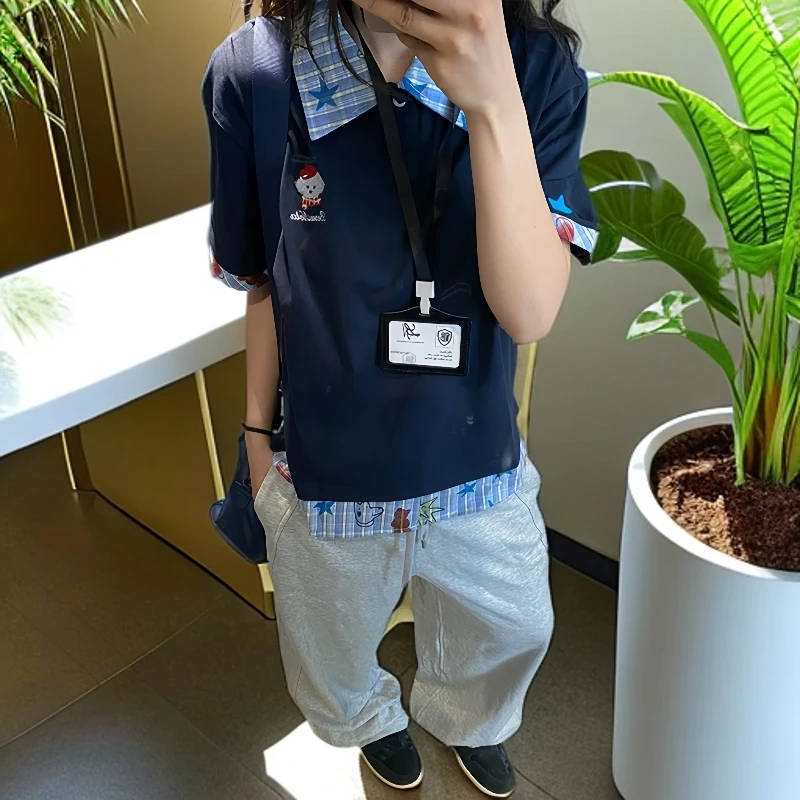 300斤特大码女装设计感卡通甜美减龄polo领T恤上衣女胖MM显瘦短袖