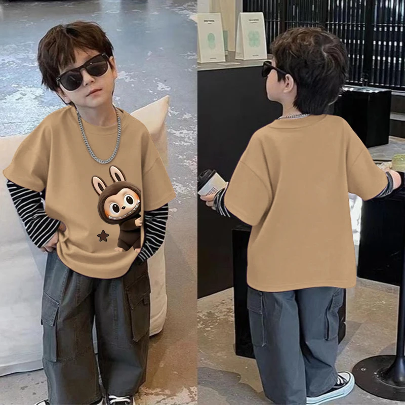 拉布布男童上衣春秋2025新款中小儿童洋气百搭纯棉潮酷假两件长袖