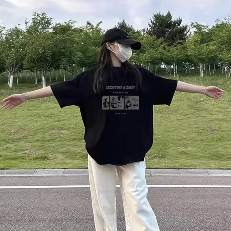 黑色短袖t恤女纯棉2025夏季新款宽松大码体恤设计感半袖美式上衣