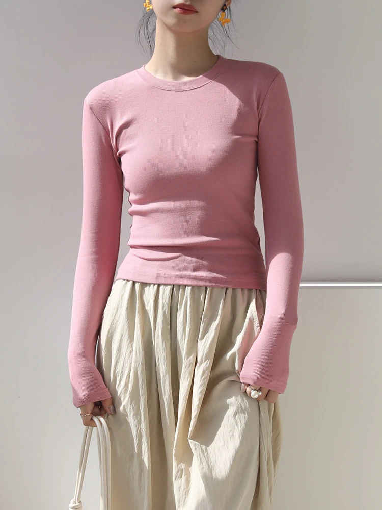 纯色吸汗圆领长袖短款修身型T恤打底衫百搭针织时尚春秋紧身