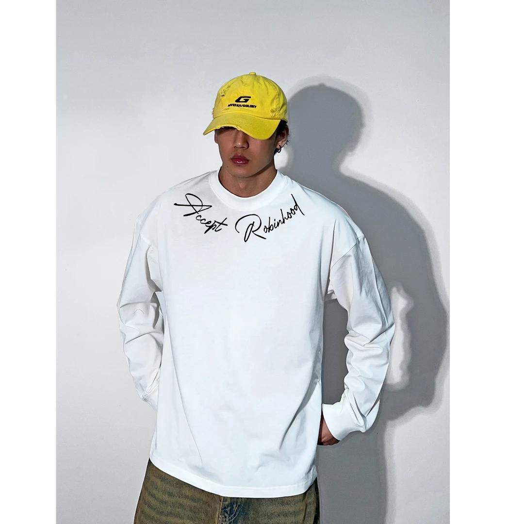 280g美式复古个性字母长袖t恤男款宽松潮牌高街痞帅男士上衣打底