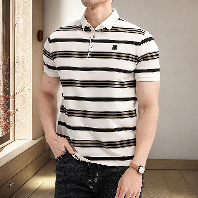 夏季短袖POLO衫男经典条纹透气修身薄款商务体恤正装休闲翻领T恤