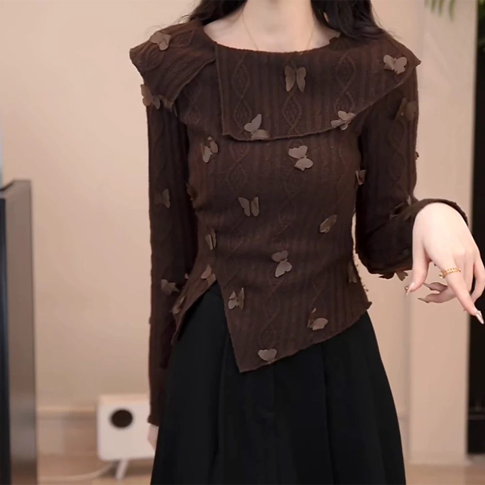 【奈良鹿丸】千金风蝴蝶结立体装饰针织衫女秋季C6515