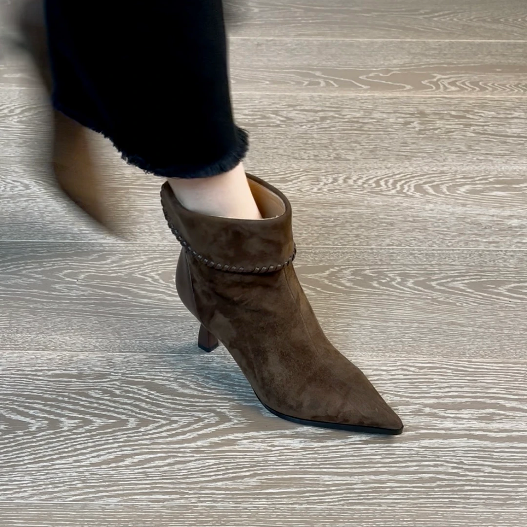 7CM牛皮后拉链时尚高跟尖头裸靴百搭短靴细跟女跟鞋不累脚高跟靴