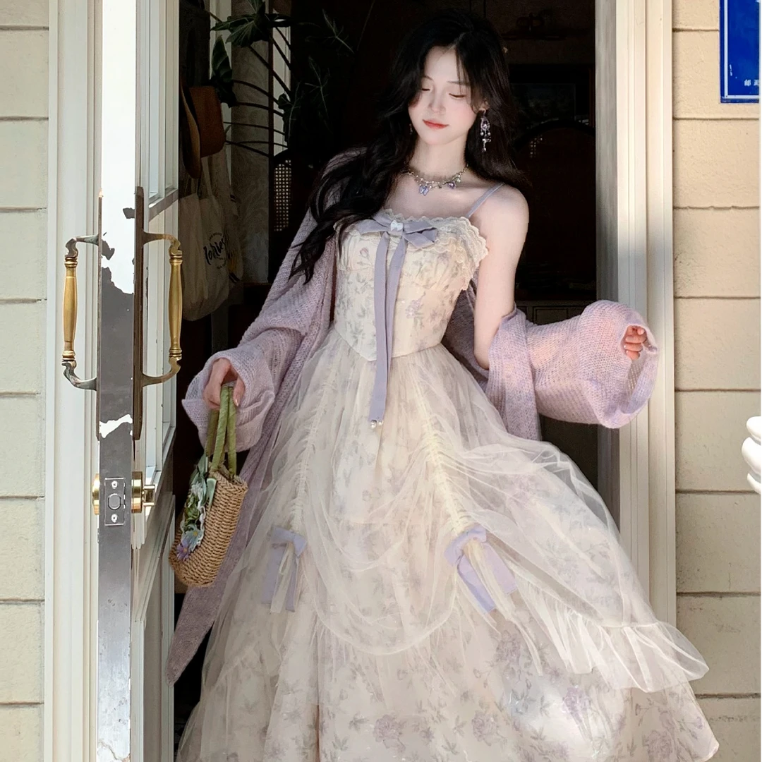 Blovelan幽兰浮梦 超仙温柔风甜美碎花网纱吊带连衣裙