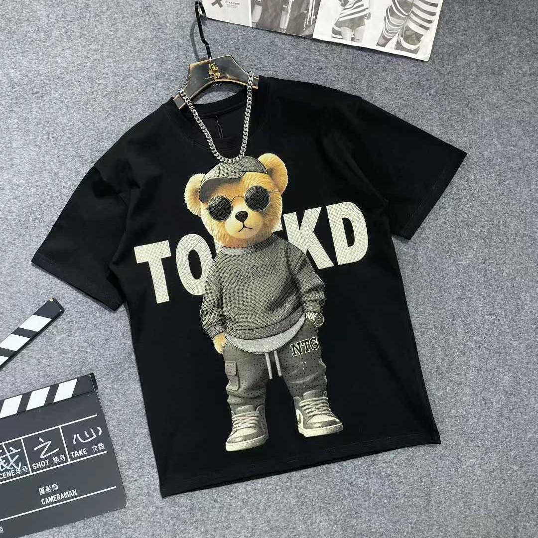 12173新款字母卡通小熊重工高奢烫钻彩印满钻圆领潮牌T恤时尚半袖