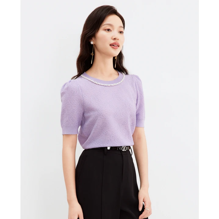 珂莱蒂尔欧若风透气夏季显瘦新中式气质女针织衫KZ03380W0