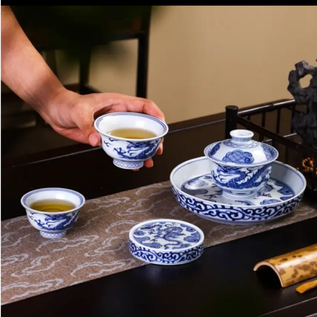 景德镇中式青花穿云龙纹茶具5件套