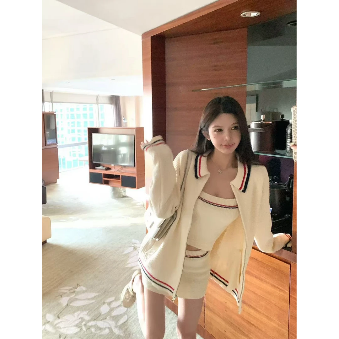 【mIu girl】2025秋季高质感仿华夫格纹理针织开衫外套内搭吊带短裙