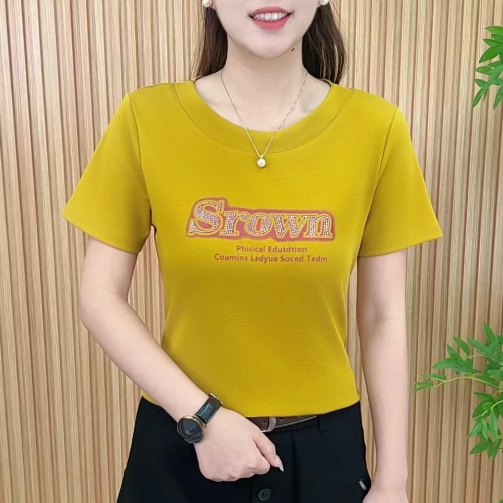 2025夏季时尚洋气新款简约圆领烫钻字母百搭气质显瘦短袖A1126