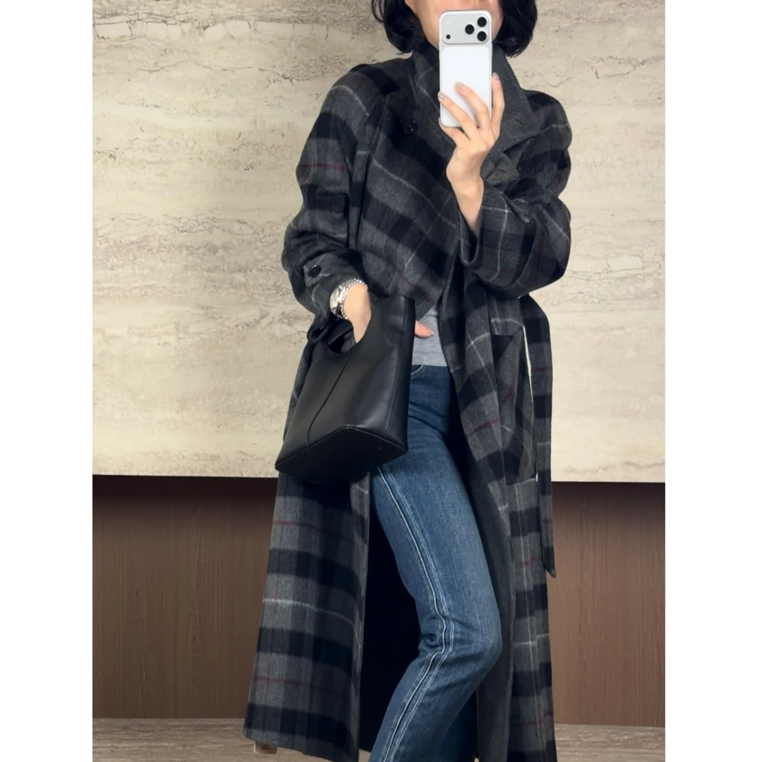 TANTAN 秋冬时尚休闲宽松毛呢格子款羊毛大衣3338