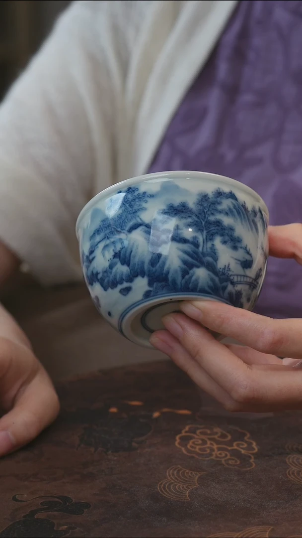 宁封柴窑青花山水缸杯
