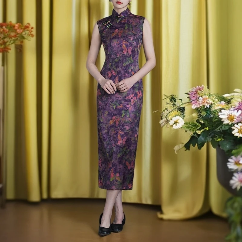 花色改良旗袍长款无袖气质复古高级感2025新款老上海连衣裙优雅潮