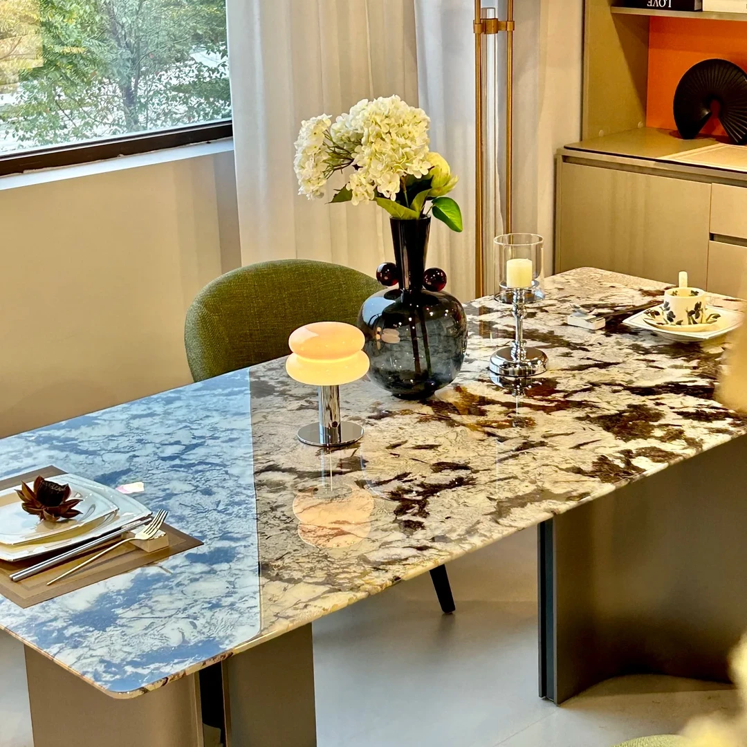 【奢艺美品】天然奢石雪山飞狐桌椅2024新款长方形大餐桌别墅高端