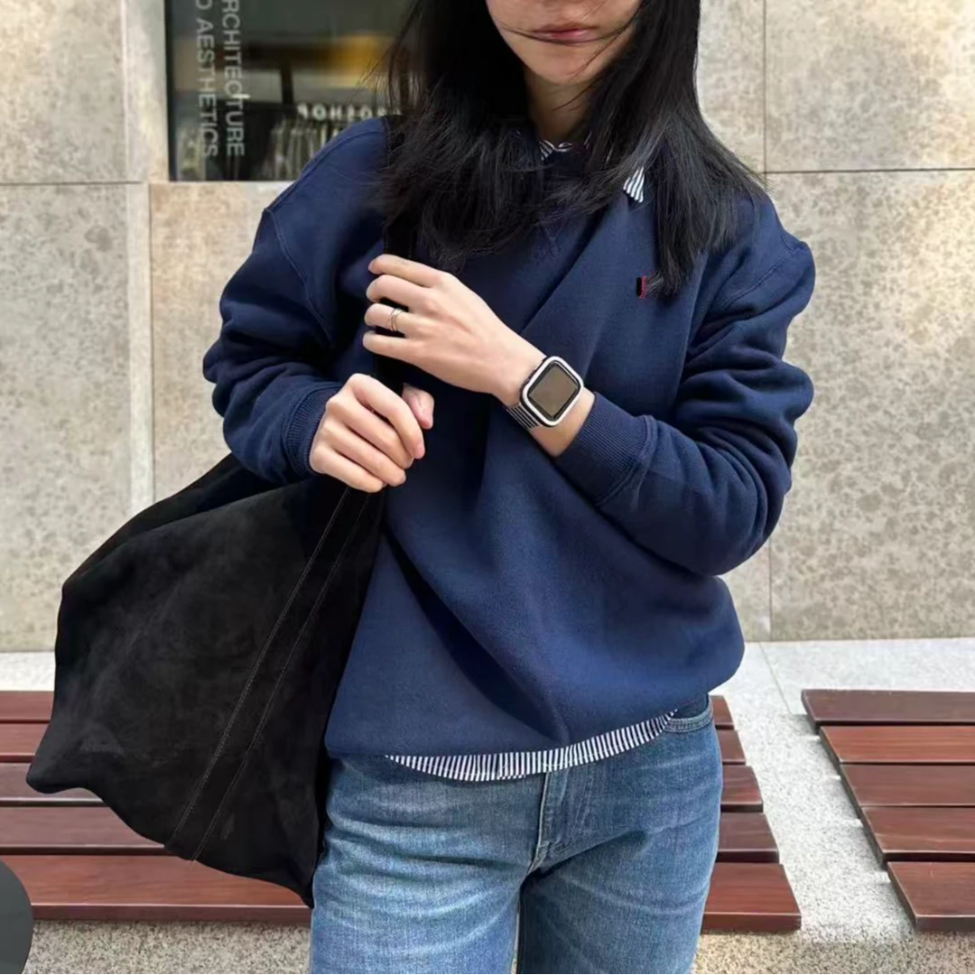 小也 纯尾 女士小马 休闲圆领藏青加绒卫衣