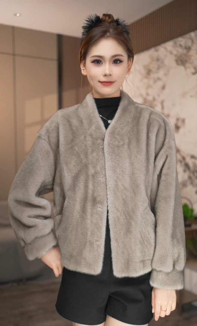 25冬季新款 QF892 高级氛围感小香风保暖皮毛一体小V领上衣外套