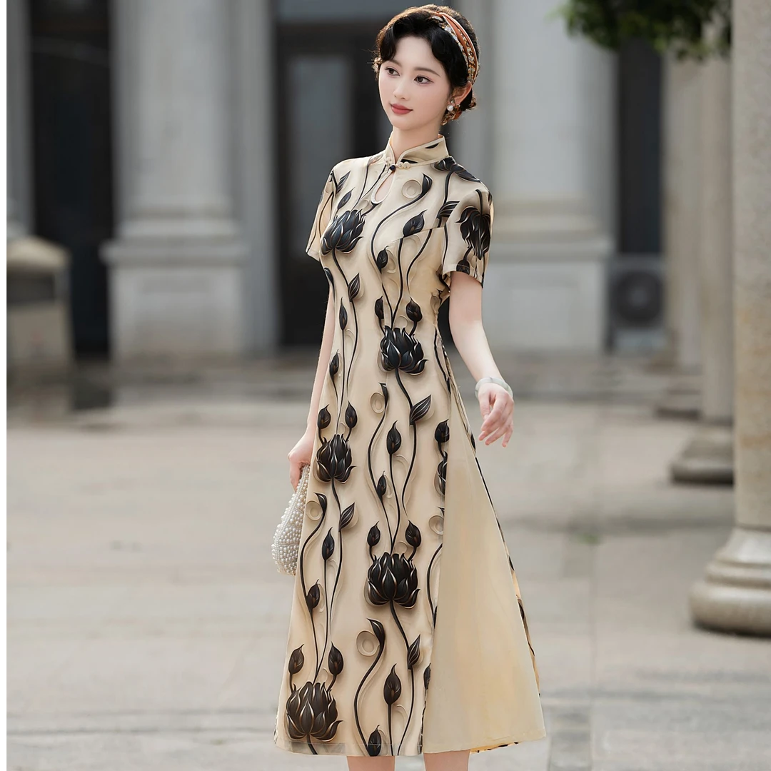 步步升莲改良遮肚中长款夏季日常印花显瘦修身薄款旗袍裙优雅气质