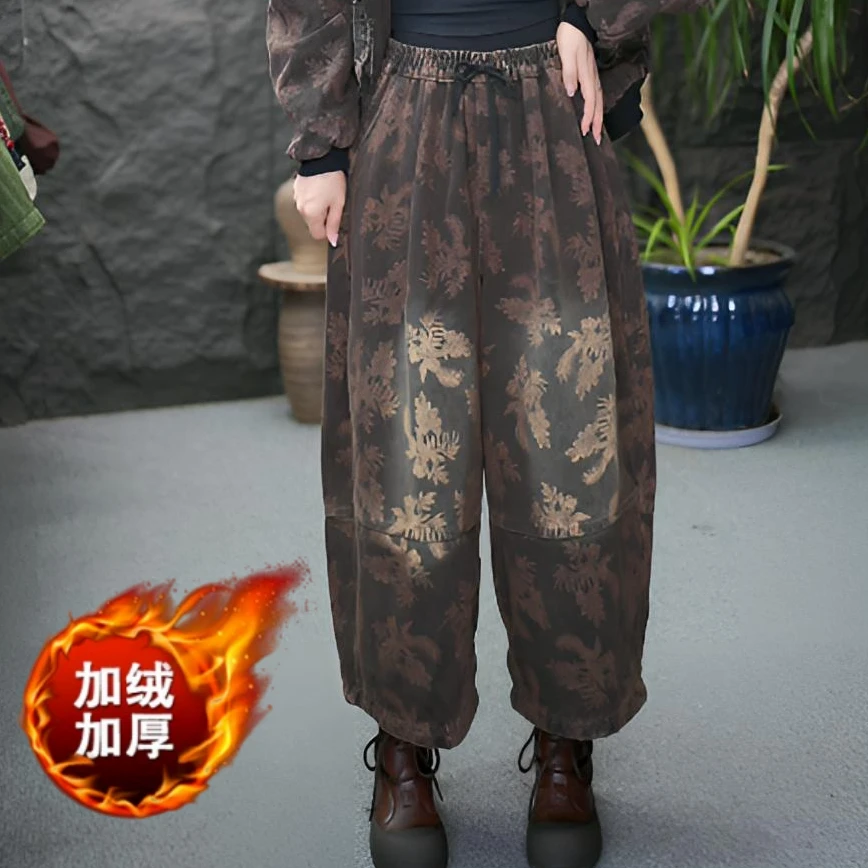 JJ【加绒】秋冬印花牛仔裤阔腿裤高腰松紧腰休闲裤休闲复古民族风