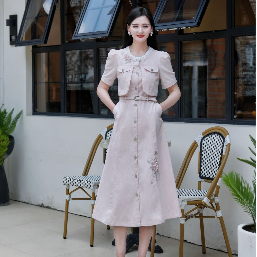 Pink Mary/粉红玛琍显瘦气质牛仔连衣裙复古设计感夏季TMAOS5036