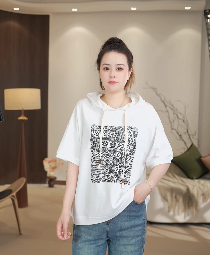 【沐沐】夏季新款时尚休闲百搭宽松字母印花纯色连帽短袖T恤