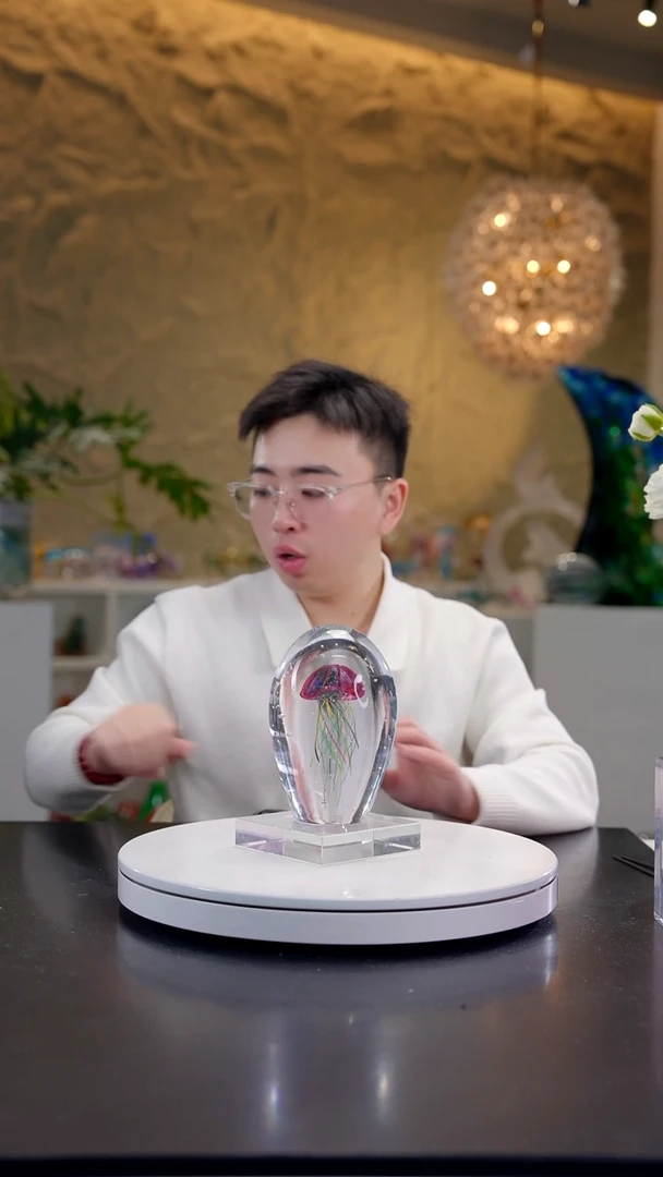 手工艺品琉璃金红色气泡工艺水母摆件+底座