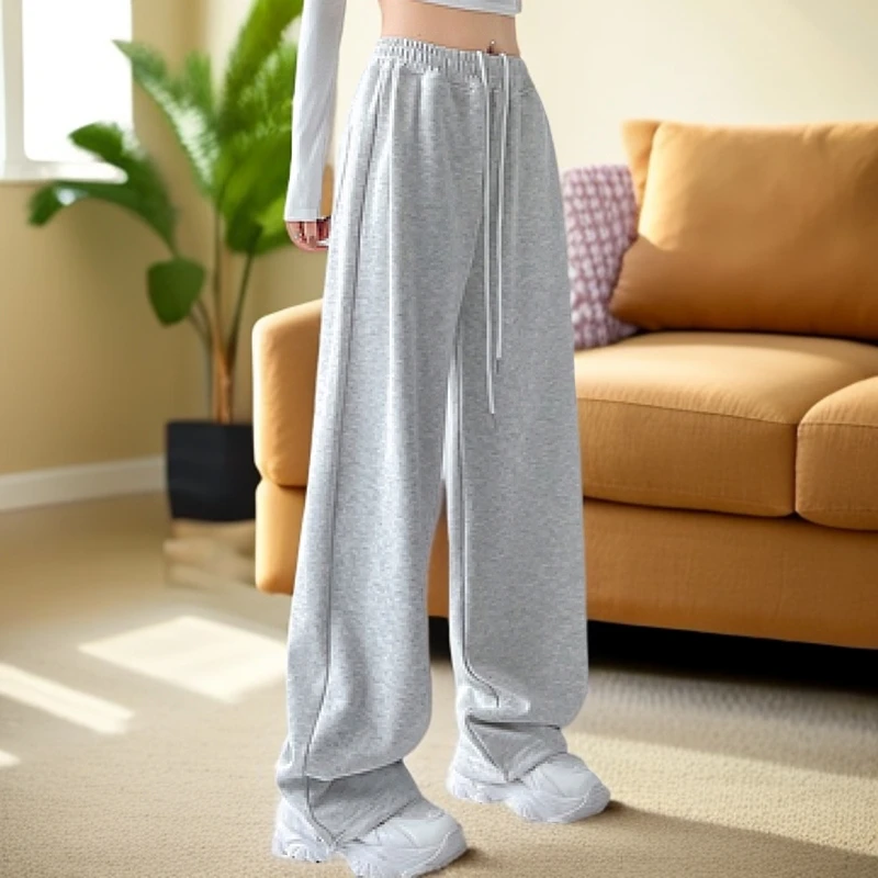 灰色运动裤女春季2025新款宽松直筒休闲美式两穿阔腿小个子卫裤女