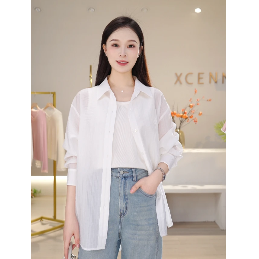 XCENN/简约松弛~春季肌理感竖条纹白色翻领天丝刺绣衬衣女250309