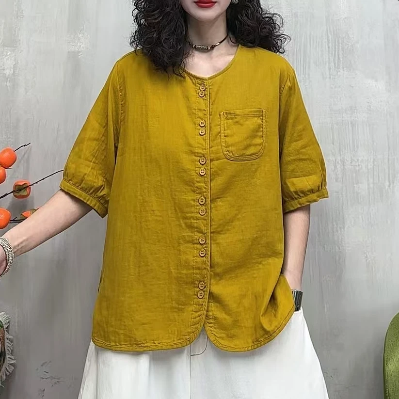 9728新款夏季休闲减龄文艺圆领衬衫QZ