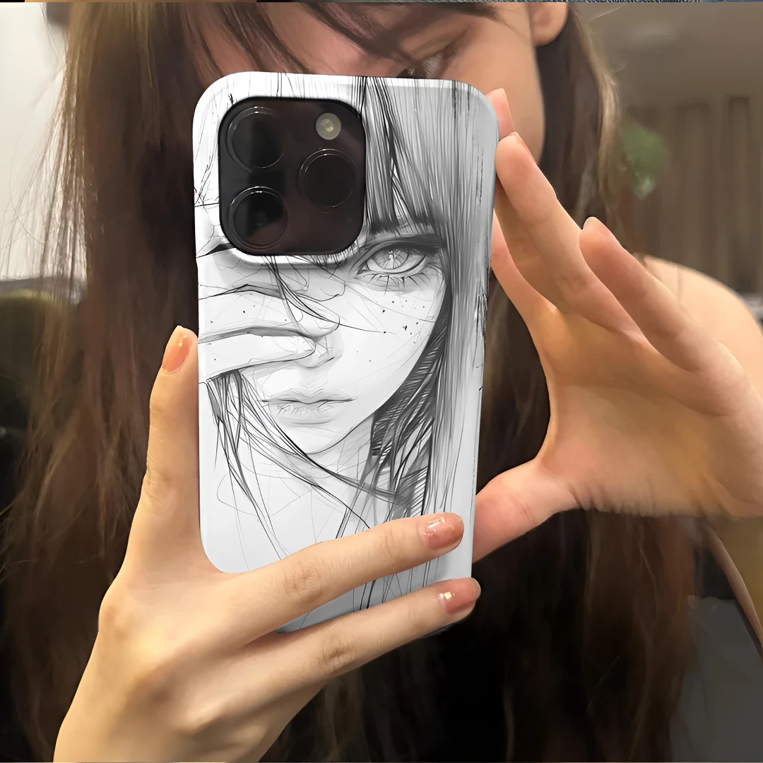 素描齐刘海少女适用iPhone16果冻15手机壳14苹果13/12全包x/xs软