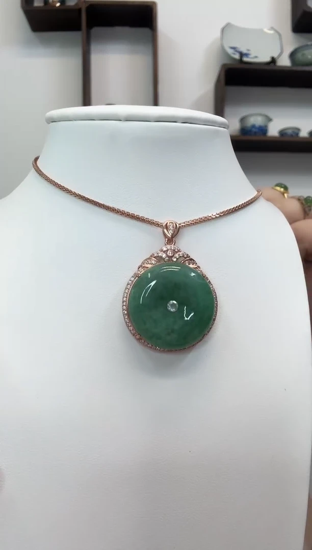 吊坠(赠链)银S925镶嵌翡翠平安扣玫瑰边