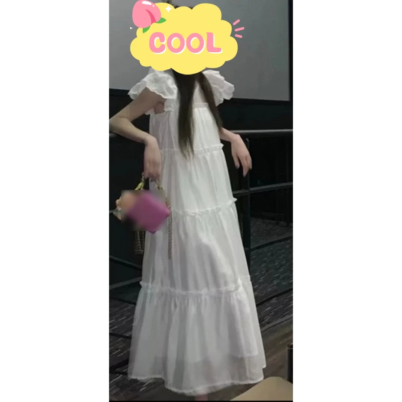 大码法式飞飞袖宽松显瘦高级感连衣裙短裙25159#长裙25158#