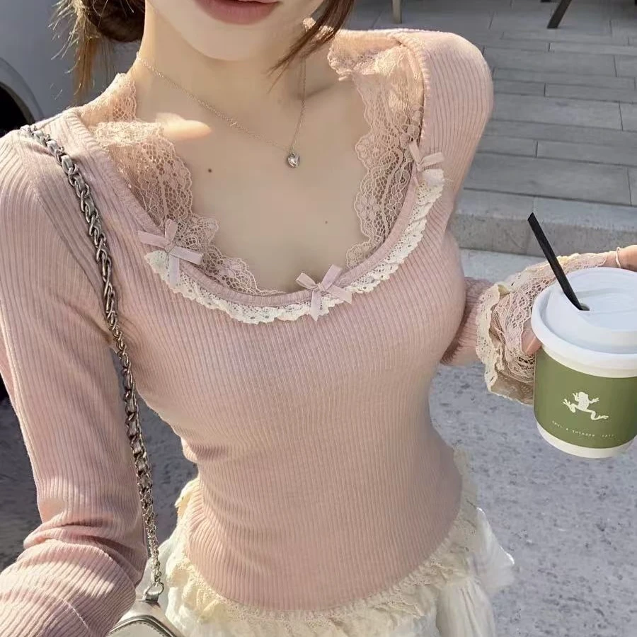 法式温柔风蕾丝花边拼接针织打底衫女秋冬纯欲风超好看蝴蝶结