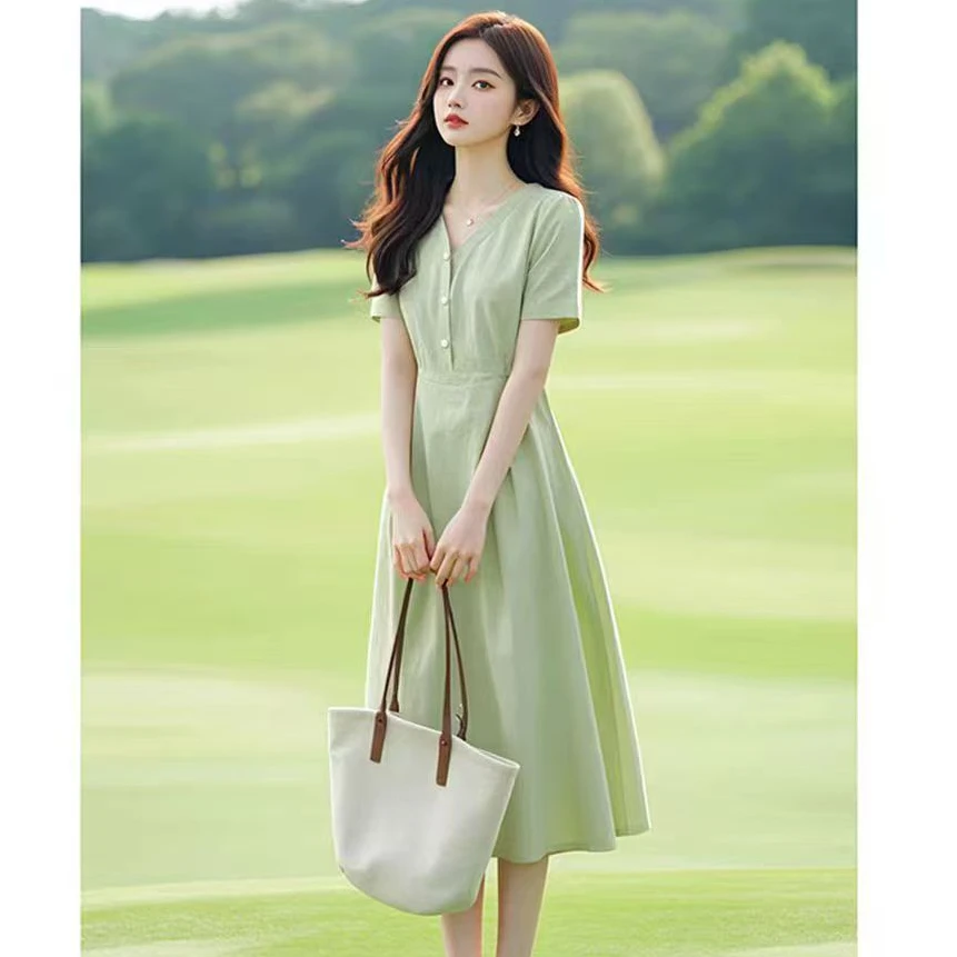 法式端庄大气宽松棉麻连衣裙女夏季温柔小清新简约时尚遮肉裙子潮