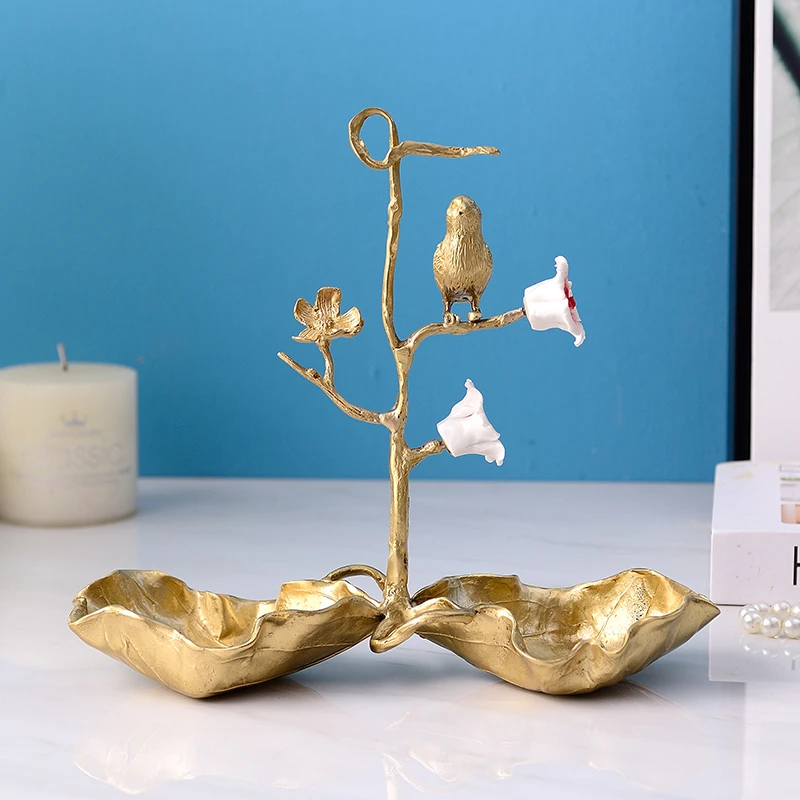 现代轻奢高档黄铜玄关柜装饰品摆台装饰摆件二叶果盘家居古典复古