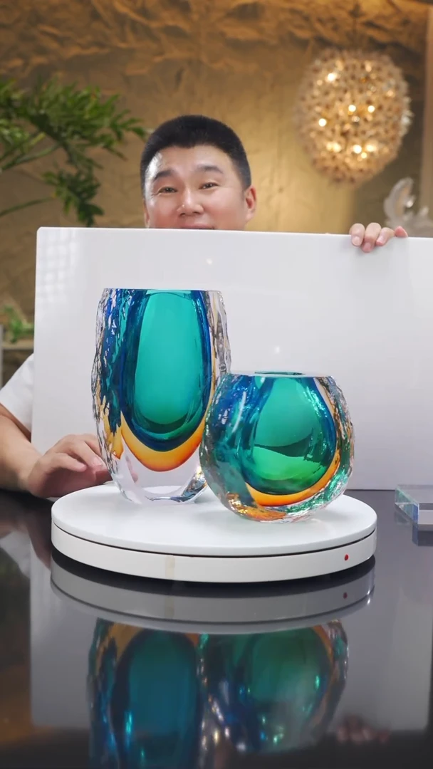 琉璃手工艺品福利琥珀蓝花瓶一对