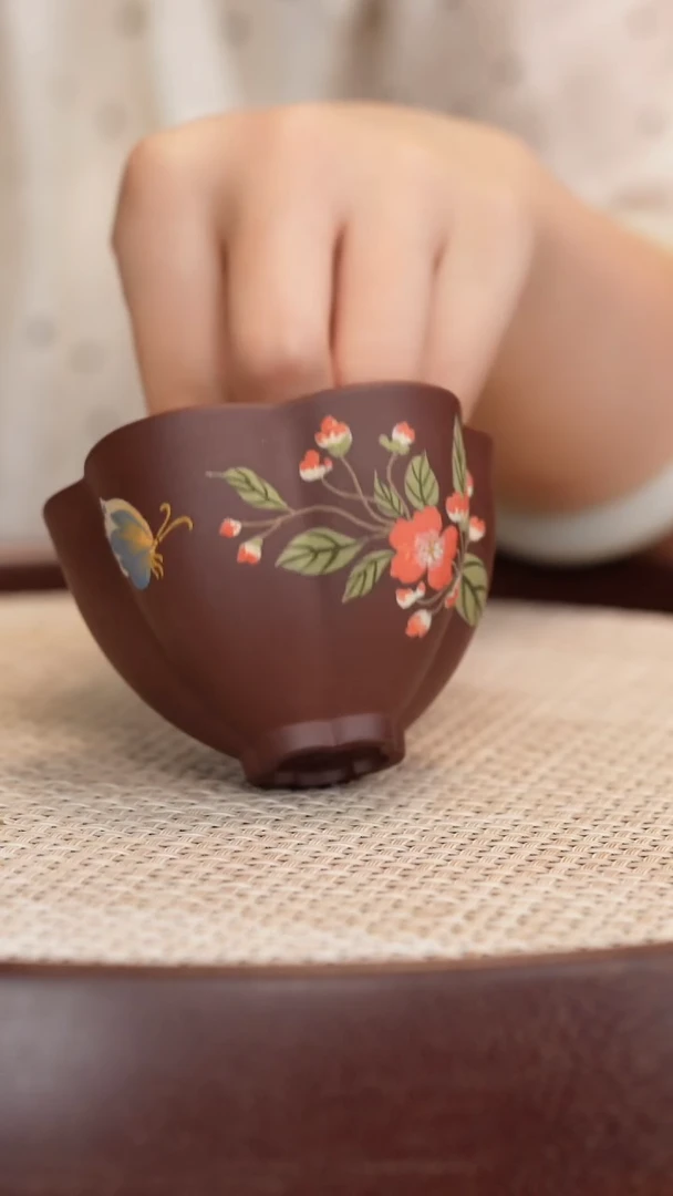 茶壶紫砂紫泥筋纹蝴蝶杯