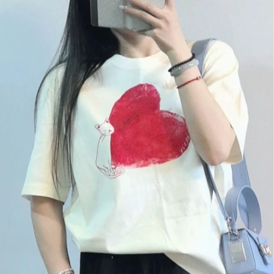 GXO春夏新款时尚百搭爱心猫咪印花短袖T恤女宽松显瘦上衣SY0064