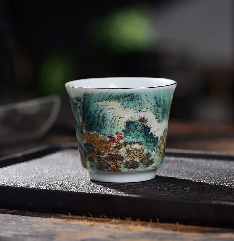 景德镇手工手作描金富春山居图高端茶具陶瓷马蹄杯客杯（40CC左右）