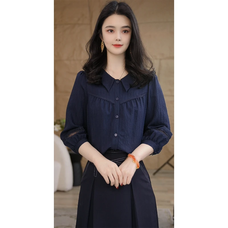 【小陈甄选】8492419藏青色短袖衬衫女设计感小众气质宽松洋气