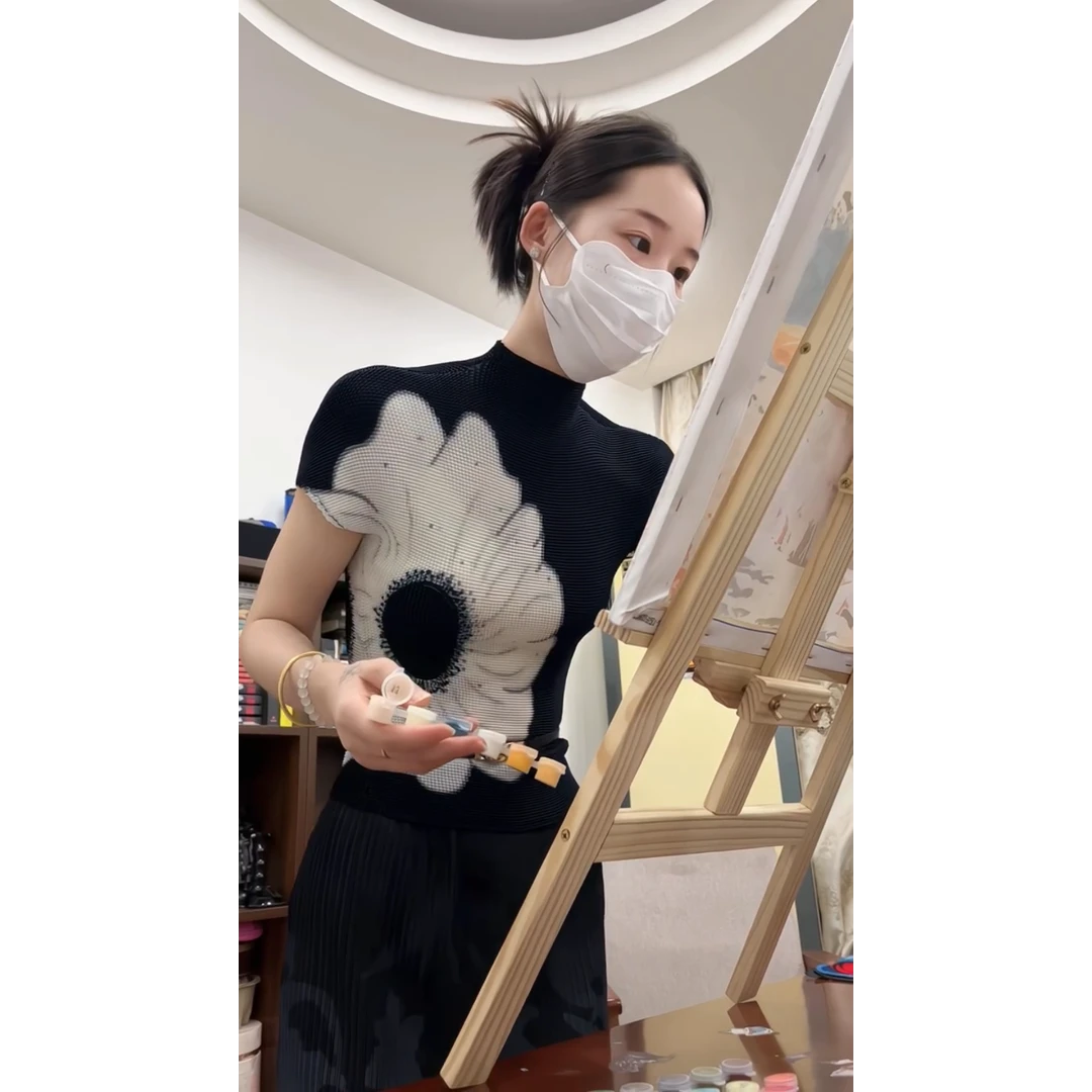 parkyeon夏季新款半高领短袖上衣气质设计感高腰碎花半身裙套装女