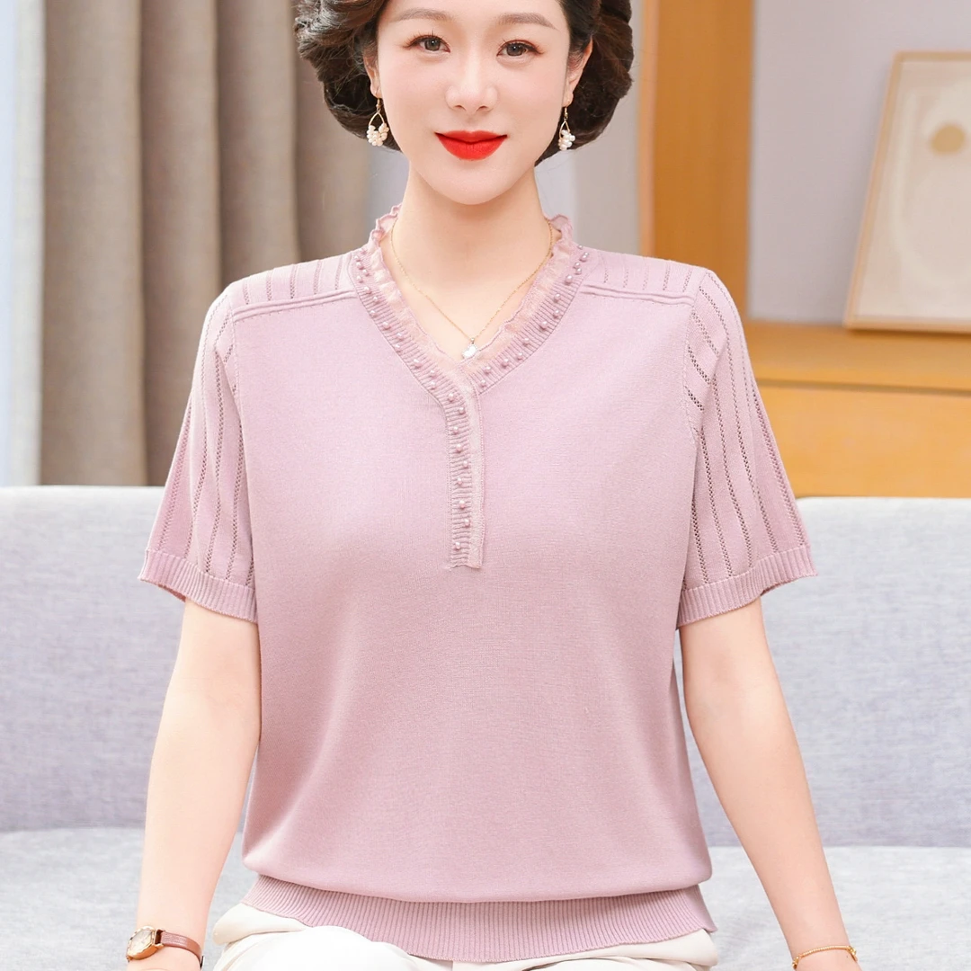 中年妈妈夏季新款冰丝小衫短袖t恤女装中老年女母亲节薄款上衣服