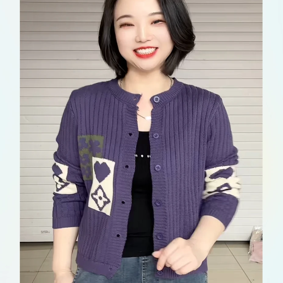 欧货绣花针织开衫女妈妈装宽松百搭长袖时尚秋冬排扣上衣毛衣外套
