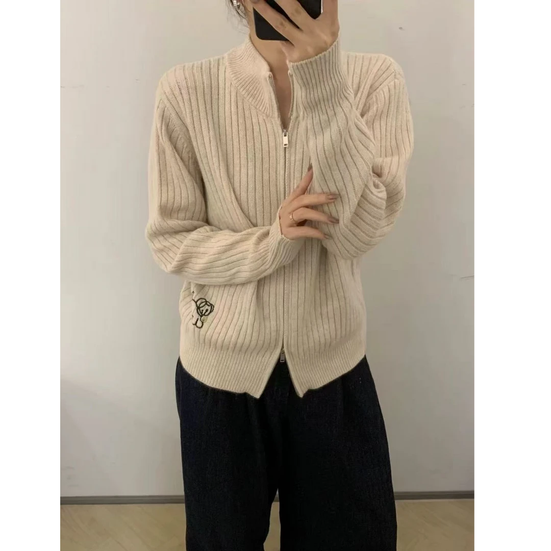 欧洲站秋冬款针织开衫时尚刺绣小狗宽松百搭拉链毛衣外套2403